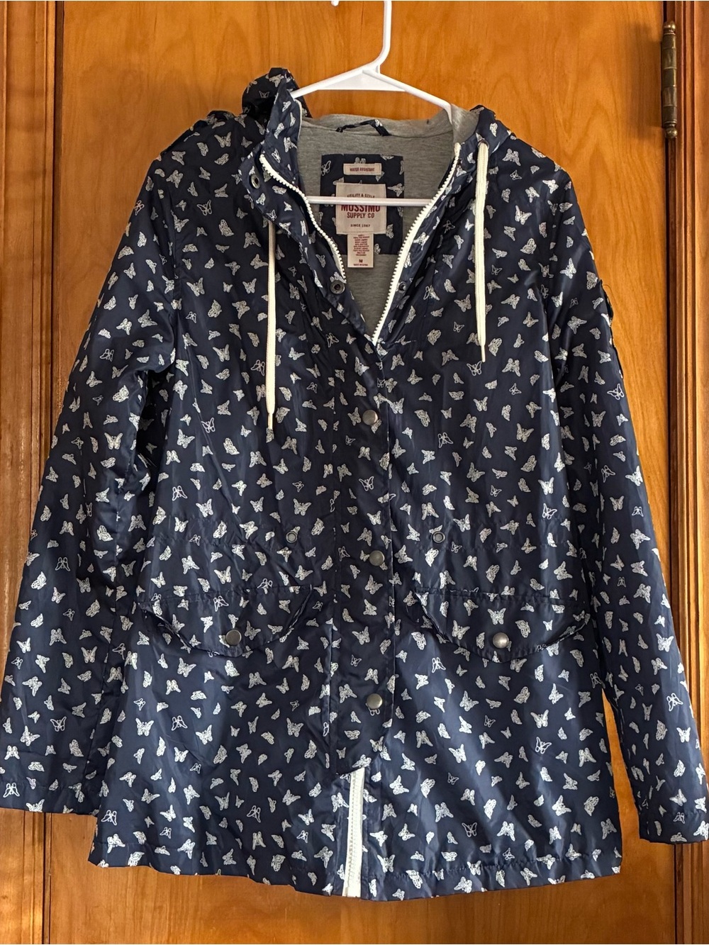 Navy Butterfly Print Hooded Rain Jacket - Size M